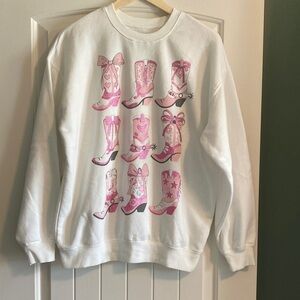 Goodie Two Sleeves White Crewneck Sweatshirt with Pink Glitter Cowgirl Boots